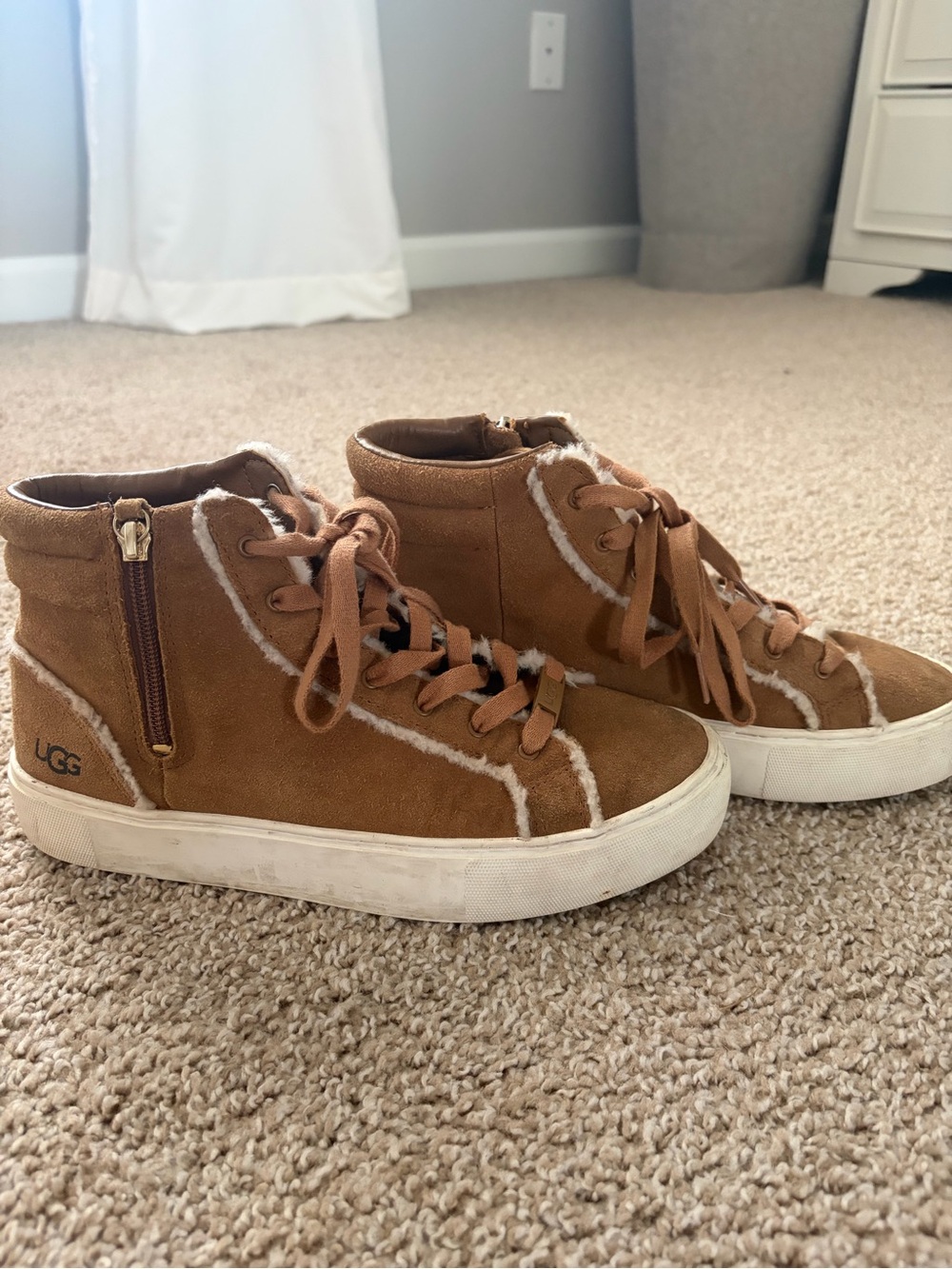 UGG Tan Leather Lace-Up Boot with Shearling Trim